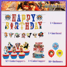 Lade das Bild in den Galerie-Viewer, One Piece Luffy Geburtstags-Deko Set mit Banner, Kuchen Topper, Garlande und Ballons
