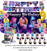 Lade das Bild in den Galerie-Viewer, KPop Girl Demon Hunters Geburtstag Deko Set mit Ballons, Jahreszahl, Kuchen Deko und Banner