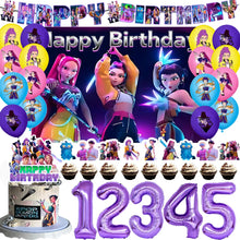Lade das Bild in den Galerie-Viewer, KPop Girl Demon Hunters Geburtstag Deko Set mit Ballons, Jahreszahl, Kuchen Deko und Banner