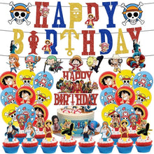 Lade das Bild in den Galerie-Viewer, One Piece Luffy Geburtstags-Deko Set mit Banner, Kuchen Topper, Garlande und Ballons

