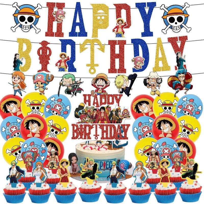One Piece Luffy Geburtstags-Deko Set mit Banner, Kuchen Topper, Garlande und Ballons