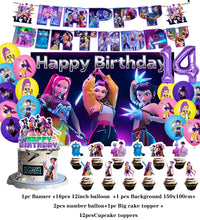 Lade das Bild in den Galerie-Viewer, KPop Girl Demon Hunters Geburtstag Deko Set mit Ballons, Jahreszahl, Kuchen Deko und Banner
