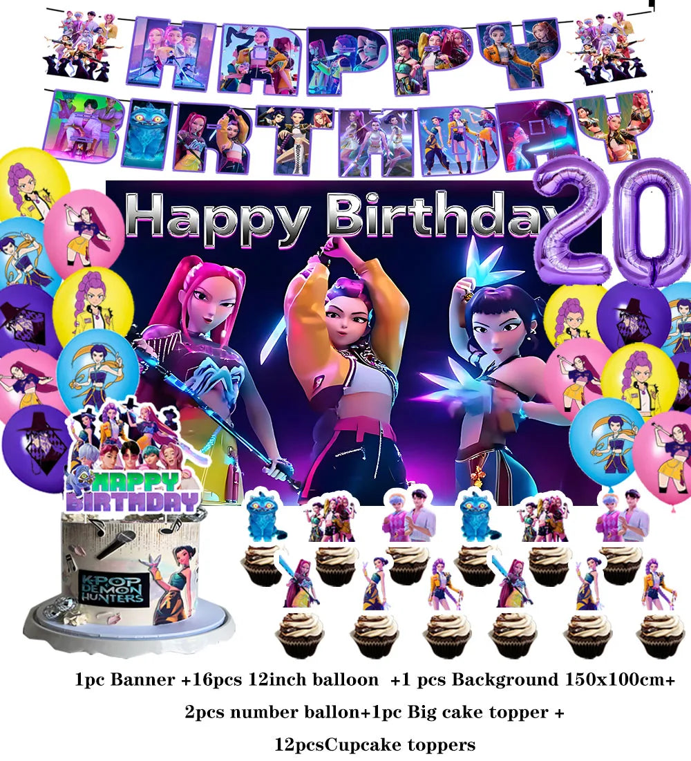 KPop Girl Demon Hunters Geburtstag Deko Set mit Ballons, Jahreszahl, Kuchen Deko und Banner