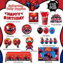 Lade das Bild in den Galerie-Viewer, Spiderman Geburtstag Deko Set mit 115 Deko Artikeln, Teller, Luftballons etc.
